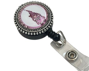 Magnetic Badge Reel with Pink Leopard Gnome for Work ID, Retractable Badge Holder, Back to School, Gift for Coworker, Clip on Option
