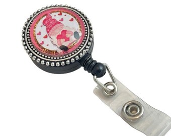 Magnetic Valentine Hearts Gnome Badge Reel  for Work ID, Retractable Badge Holder, Back to School, Gift for Coworker, Clip on Option