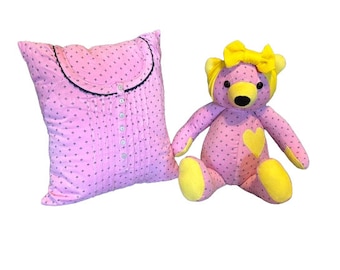 Memory Bear and Keepsake Pillow Set, Remembrance Teddy Bear Headband Included, Made from Your Loved One's Clothing, Embroidered Name Option