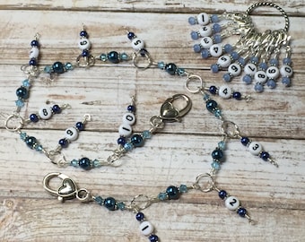 1-100 Row Counter Chain | Blue Number Markers | Gift for Knitters