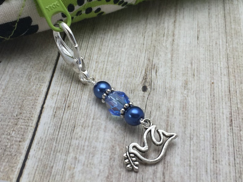 Dove Zipper Pull Charm Jewelry Purse or Key Chain Charm Removable Stitch Marker , Mother's Day Gift image 2