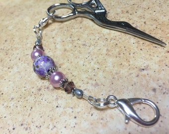 Beaded Scissor Fob, Sewing Accessories, Pink & Purple Scissor Charm, Zipper Pull, Beaded Lanyard for Keys |, Birthday Gift for Quilter