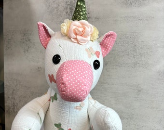 Unicorn Baby Keepsake, Movable Arms & Legs, Stuffed Animal Made from Baby Clothing, Embroidered Name Option, Memory Bear, Remembrance, Horse