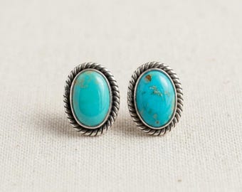 Natural Arizona Turquoise Oval Studs, Sterling Silver Twisted Rope Border, Boho Western Earrings