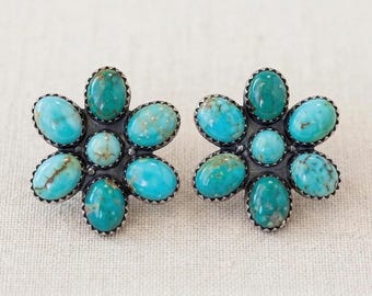 Handcrafted Sterling Silver Turquoise Cluster Stud Earrings, Boho Southwestern Style