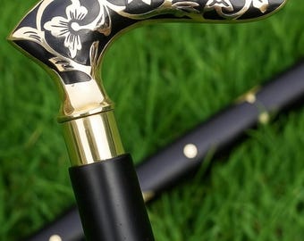 Walking cane – Vintage cane with brass handle, Wooden Walking stick, Handcrafted Walking Cane, Vintage Collectible Cane, Decorative Cane