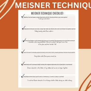 Puede incluir: Un gráfico naranja y crema con el texto "MEISNER TECHNIQUE" y una lista de verificación. La lista incluye elementos como "Ejercicio de repetición" y "Actividad independiente", con marcas de verificación. El tema general son las técnicas de actuación.