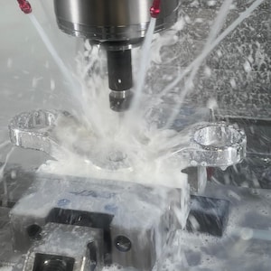 May include: A close-up of a CNC machine in operation, spraying coolant onto a metal part. The part is silver and has a unique shape with two circular openings. The machine is in a workshop setting.
