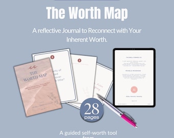 Könnte beinhalten: Ein digitaler Download mit dem Titel "The Worth Map" mit einem Thema eines Reflexionsjournals. Das Bild enthält ein Journal, Karten, ein Tablet und einen Stift. Das Journal hat 28 Seiten und ist ein Selbstwertgefühl-Tool.