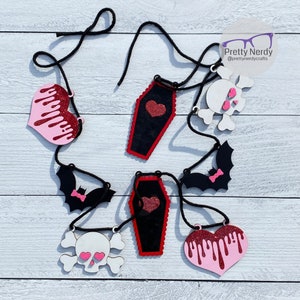 Goth Valentine's Day Garland - wood, bloody heart, bat, skull, coffin, hearts, glitter