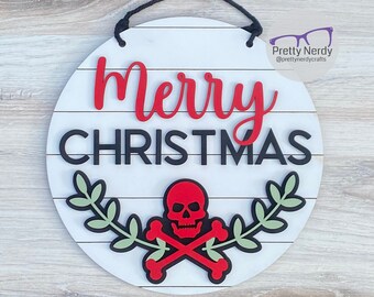 Merry Christmas Skull and Crossbones Round Sign, wood sign, floral, punk rock, layered wood