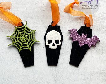 Coffin Ornament Set - Spooky Christmas tree decor, halloween tree ornament, skull, bat, spider web, goth