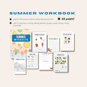 Peut inclure: Un cahier d'exercices d'été avec une barre de titre bleue et les mots "Summer Workbook". Le cahier comprend des pages pour le coloriage, le vocabulaire, l'écriture de phrases, etc. Le cahier fait 50 pages.