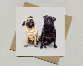 Pug  greetings card, Pug Pair card - painting of pugs, pug art lover, Pug present, Pug lover gift, Pug art card, Card for pug owner