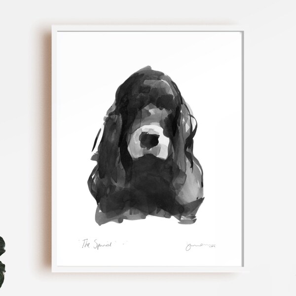 ブラックコッカースパニエルのインク画、サイン入り犬の肖像画
