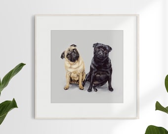 Pug Pair, Pug Art print - unframed signed  Ltd. Ed dog print - Pug gift, pug lover,  Pug picture, pug portrait, dog portrait, pug art