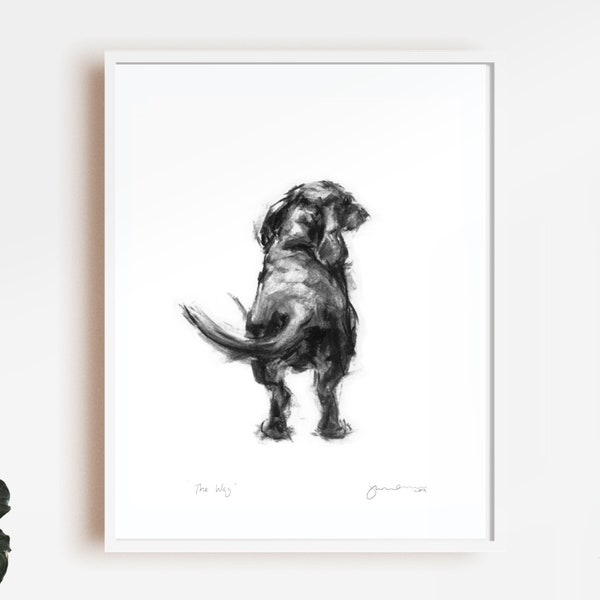 Dachshund Art Print, "The Wag" Charcoal Dog Sketch