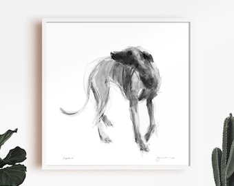 Op de afbeelding: Zwart-witte inkttekening van een hond, mogelijk een Greyhound, in een dynamische pose. De hond is afgebeeld met een lang, slank lichaam en een lange staart. De tekening is gemaakt in een losse, expressieve stijl.