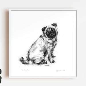 Dog drawing print, Sitting Pug drawing - fine art dog print - pug lover gift - pug print, pug present, pug wall art, pug owner gift