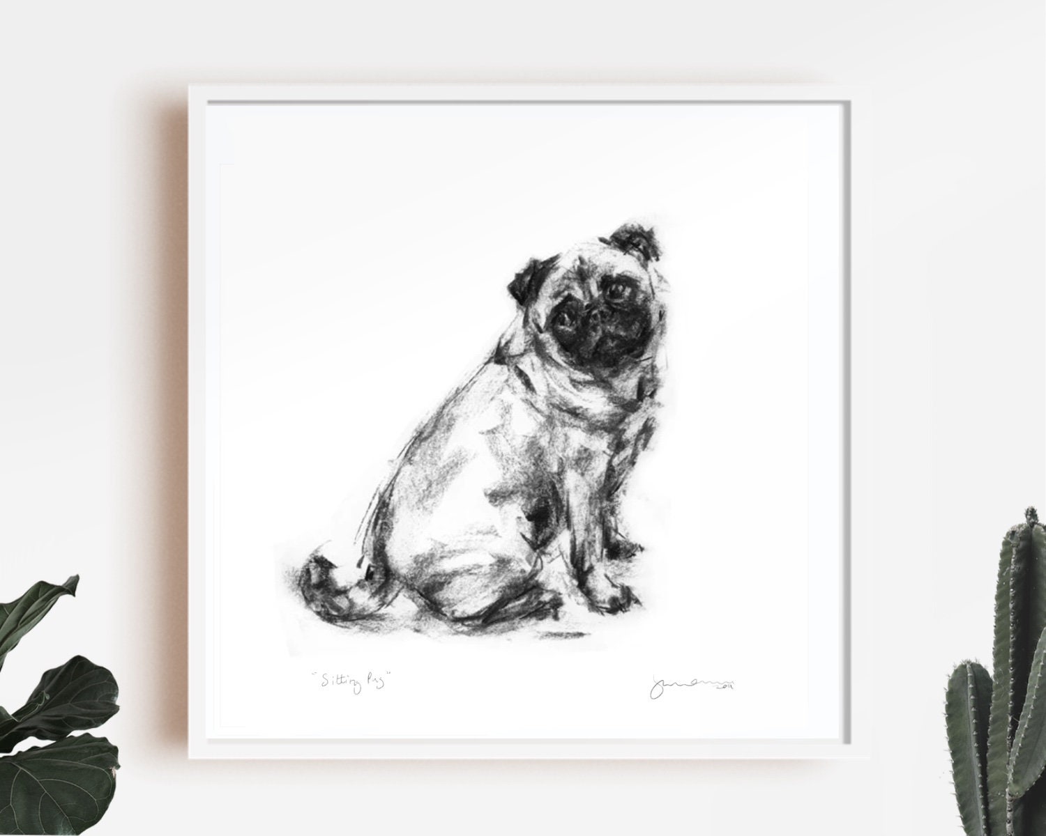 パグ犬の木炭スケッチアートプリント、署名入りジクレー版画 - Etsy 日本