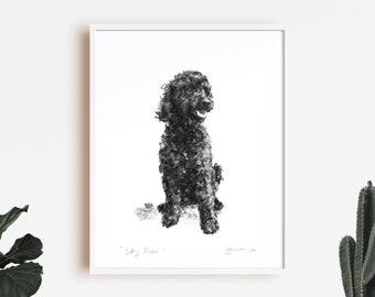 Dog drawing print, Poodle portrait - fine art dog print - Poodle gift, black poodle art,  poodle present