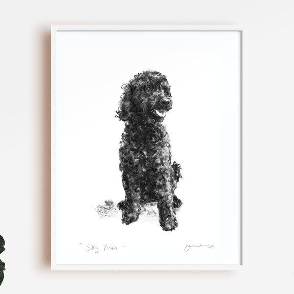 Dog drawing print, Poodle portrait - fine art dog print - Poodle gift, black poodle art,  poodle present