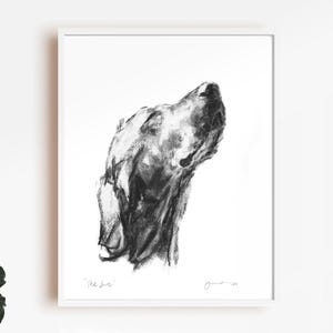 Puede incluir: Dibujo en carboncillo blanco y negro de la cabeza de un perro, titulado "The Sun".