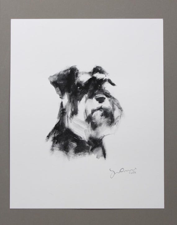 シュナウザーのインクウォッシュスケッチ、オリジナル犬アート（6 x 5