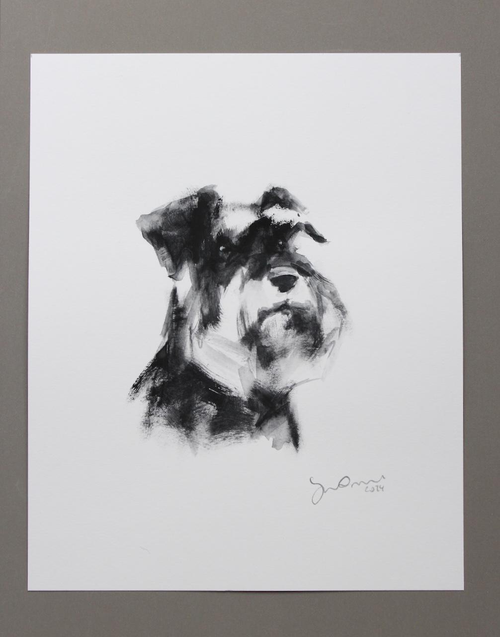 シュナウザーのインクウォッシュスケッチ、オリジナル犬アート（6 x 5