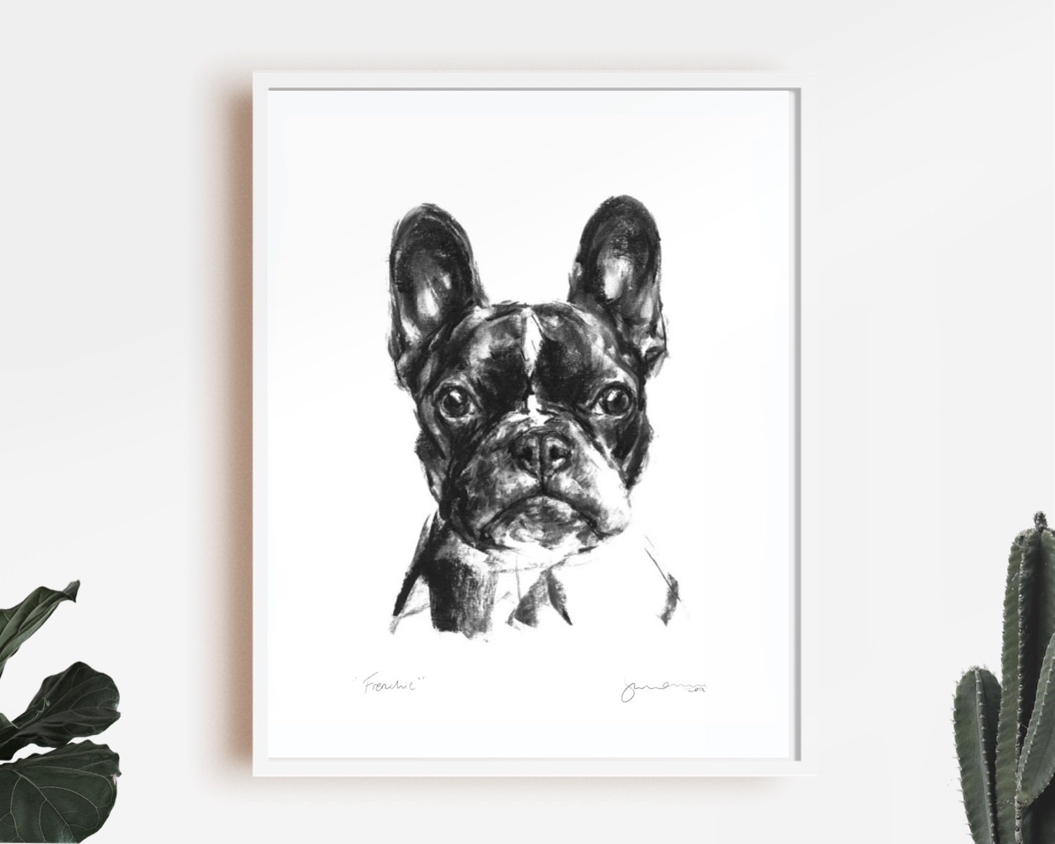 フレンチブルドッグのファインアートプリント、犬の木炭画、「Frenchie