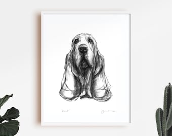 Basset Hound Charcoal Sketch Art Print, Dog Lover Gift