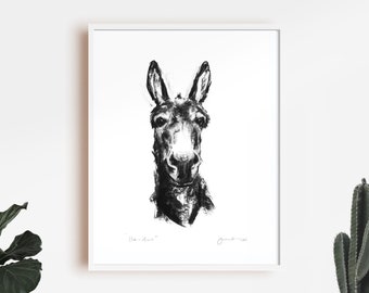 Donkey drawing print, Donkey art print - from a charcoal sketch - Donkey gift, donkey present, donkey lover