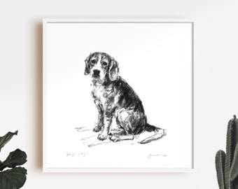 Dog drawing print, Beagle Dog Sketch - fine art dog print - beagle gift - beagle drawing