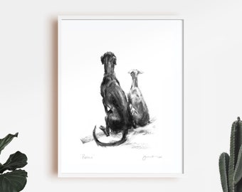 Dog drawing print, Patience - two lurchers - fine art dog print  - fine art dog print - lurcher gift - sighthound sketch print, long dog art