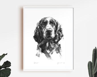 Springer Spaniel Portrait Print, Charcoal Dog Sketch Art