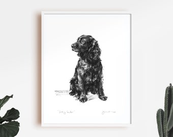 Dog drawing print, Black Spaniel sketch  - fine art dog print - spaniel gift - cocker spaniel, spaniel wall art, cocker spaniel gift,