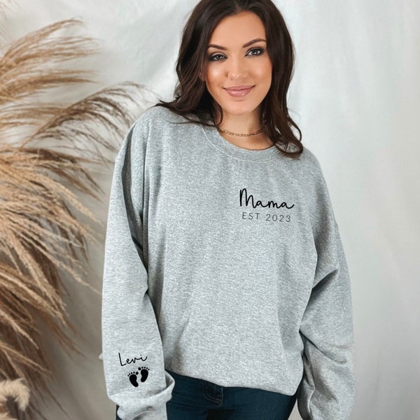 Mama est 2023/2024 sweatshirt with kids name on sleeve, Mother's Day Sweatshirt, Hospital coming home outfit, baby shower gift, new mom