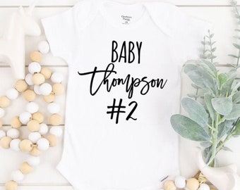 Personalized Baby #2 custom last name pregnancy reveal announcement bodysuit 2nd baby one piece