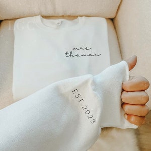 Custom Bride Sweatshirt Mrs Last Name Est 2023 on Sleeve, Bride Crewneck Sweater, Gift for Wife, Honeymoon Shirt, Bridal Shower