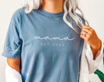 Personalized Mama shirt with kids names sleeve, Comfort Colors Tee Shirt, Gift for Mother, Custom Shirt, Est Date Mom Shirt, Childs Names