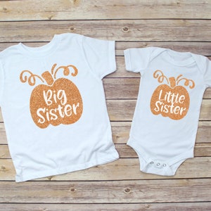 Big Sister/Little Sister sibling fall halloween pumpkin orange glitter white t shirt bodysuit