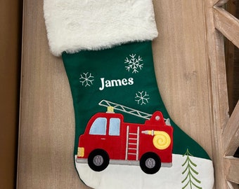 Personalized Fire truck Christmas Stocking with Custom Name