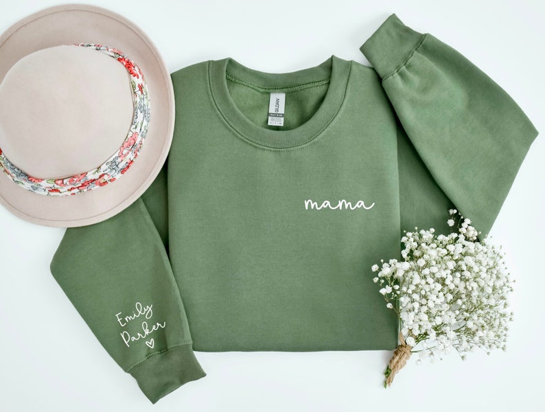 Custom Mama Crewneck Sweatshirt with kids names on sleeve image 1