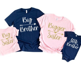 Big Sister/Big Brother matching family kids t shirts navy white pink gold glitter, baby announcement