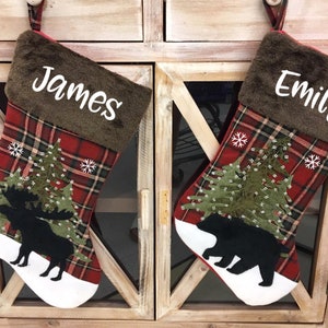 Personalized Christmas Stocking Plaid Christmas Tree Moose or Bear-Name is vinyl not embroidered
