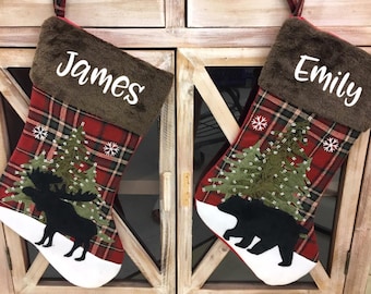 Personalized Christmas Stocking Plaid Christmas Tree Moose or Bear-Name is vinyl not embroidered