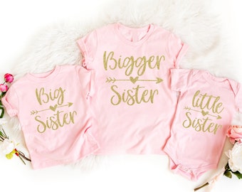 Bigger sister, Big Sister, Little Sister gold glitter pink short sleeve tees