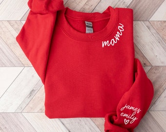 Valentines Day Mama Sweatshirt with Kids Names on Sleeve, Gift for Valentine's Mothers Day, Custom Personalized Mom Shirt