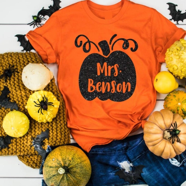 Teacher Personalized Pumpkin Fall School Halloween Glitter Adult Unisex T Shirt