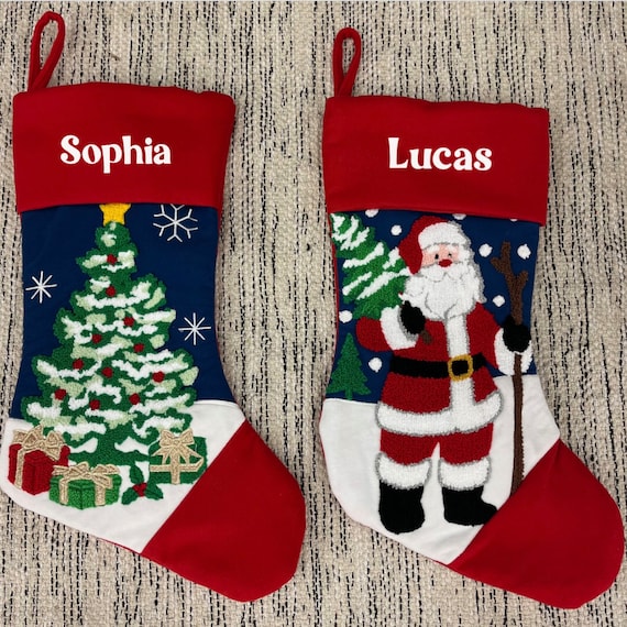 Personalized Christmas Needlepoint Stockings, Choice of Santa or Tree Name  is Vinyl, Not Embroidery 